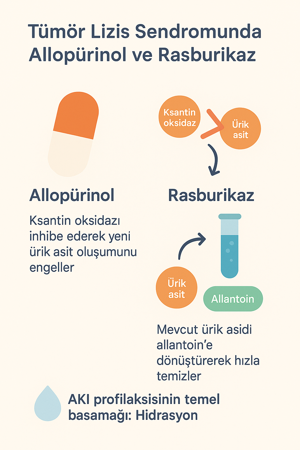 Tümör Lizis Sendromunda Allopürinol ve Rasburikaz: Allopürinol: Ksantin oksidazı inhibe ederek yeni ürik asit oluşumunu engeller.
Rasburikaz: Mevcut ürik asidi allantoine dönüştürerek hızla temizler.
AKI profilaksisinin temel basamağı: Hidrasyon.